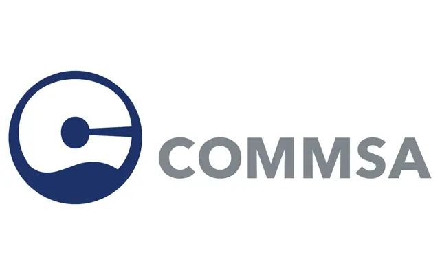 The logo of commsa in blue with white background.